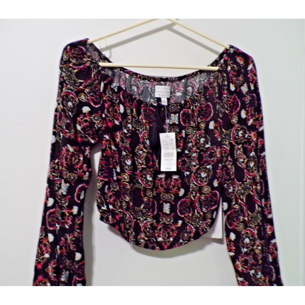 Kendall & Kylie Sheer Crop Top Lg Sleeve Elastic Neck & Waist Red Blk Wht Sz Sm